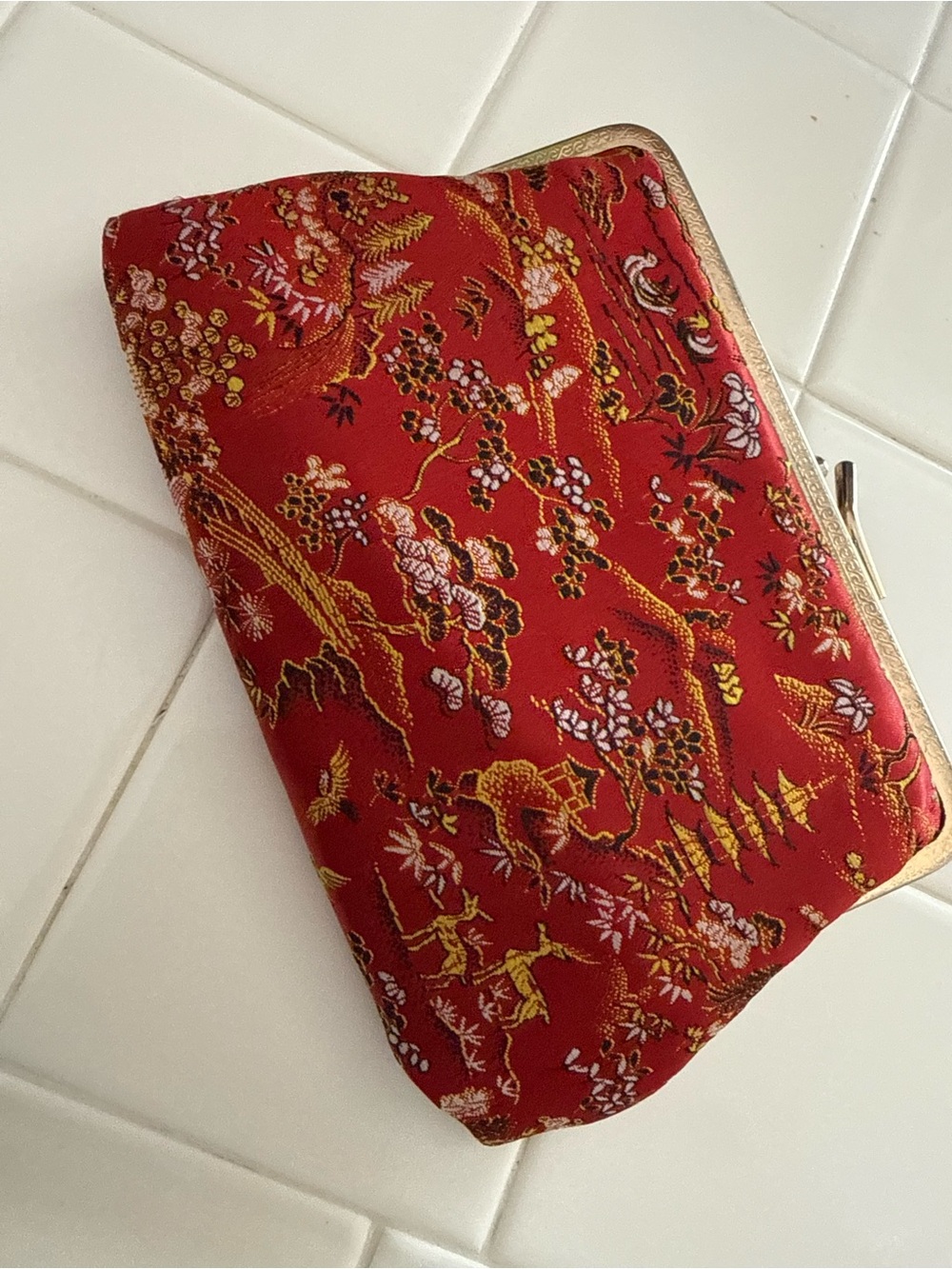 Vintage Red Asian Floral Embroidered Clutch Bag